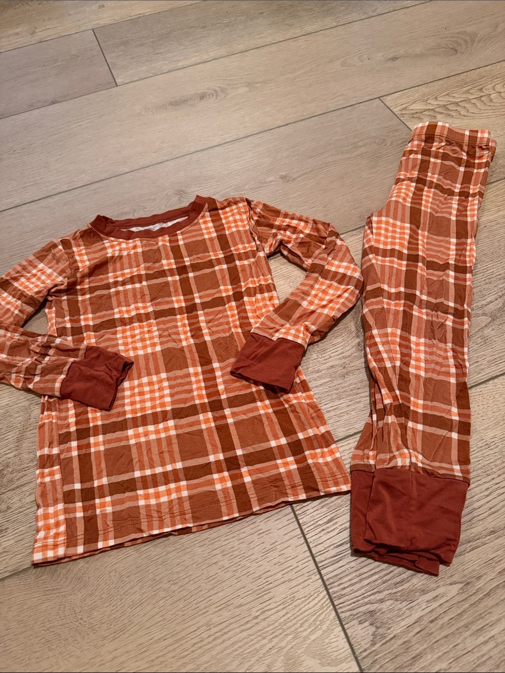 Kids Plaid Long Sleeve Pajama Set - Rust Orange